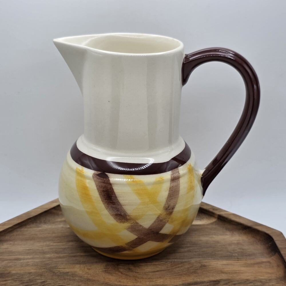 Vintage Vernonware Organdie 5" Pitcher Creamer Yellow Brown Plaid MCM USA